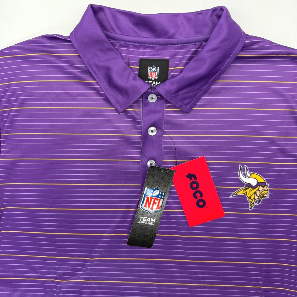 Minnesota Vikings Polo FOCO NFL Mens L Purple Gold Stripe Short Sleeve Fan Shirt